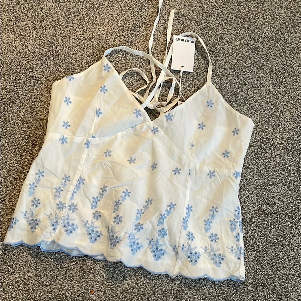 Walter Baker Blue and White Tie Front Embellished Camisole
